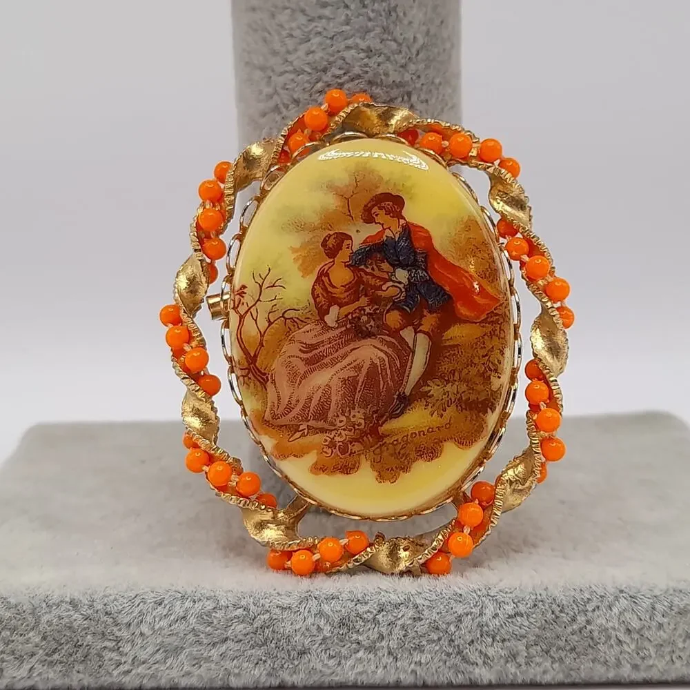 Vintage Romantic Scene Fragonard Style Brooch, Orange Bead Gold Frame, 2 Inches